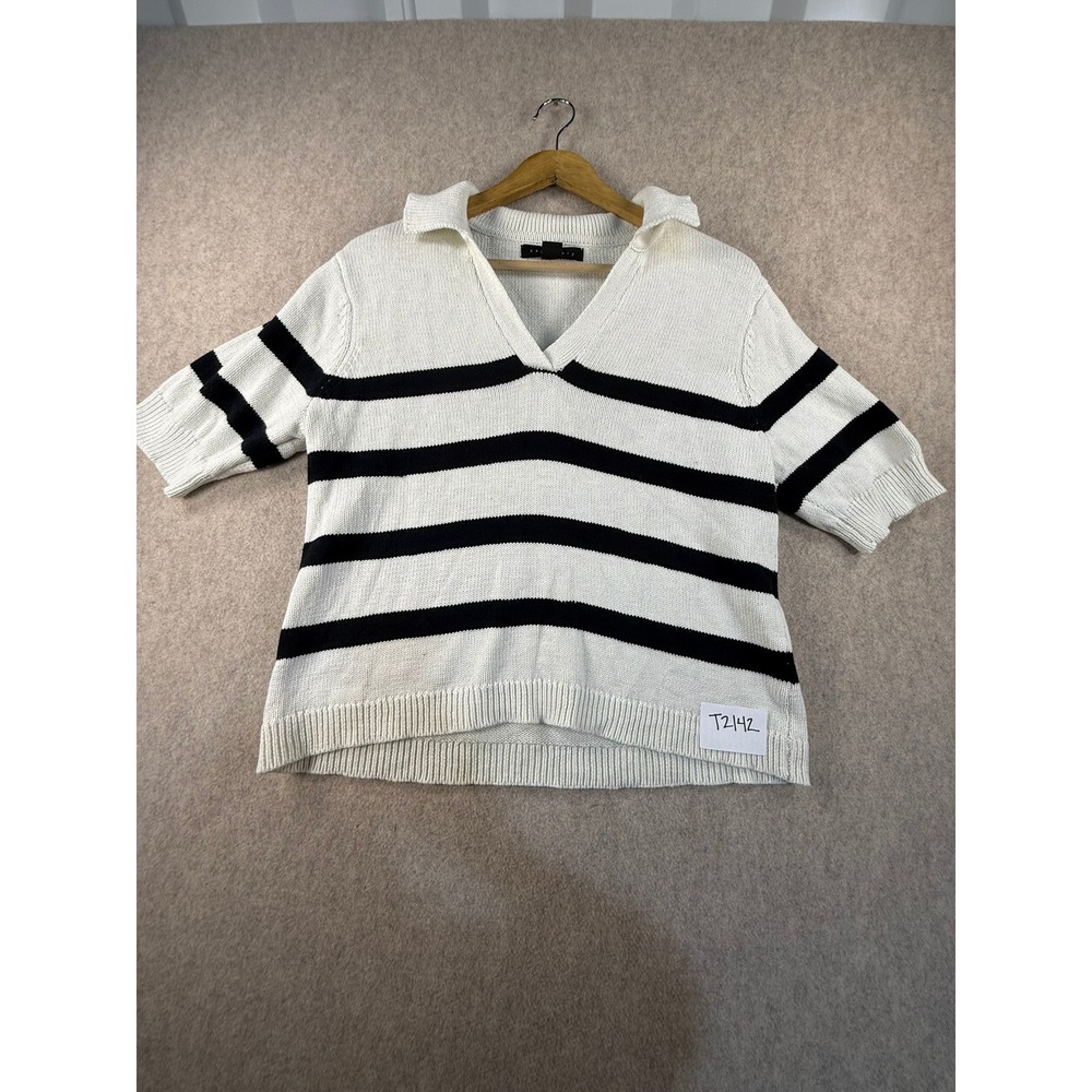 Sanctuary Womens Ivory Black‎ Striped Short Sleeve Polo V-Neck Sweater Small